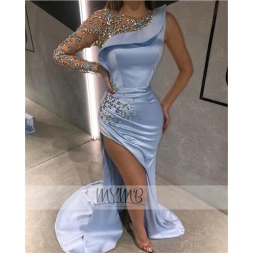 Dubai Couture Stylish Blue Evening Party Prom Dress For Women 2021 Crepe Long Sleeve Draped Wedding Party Gowns With Side Slit