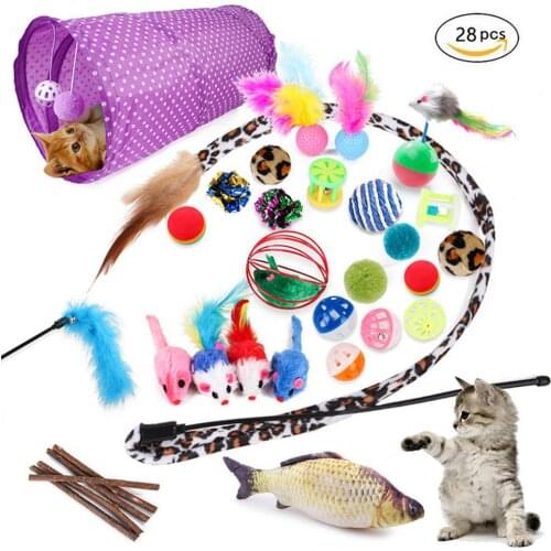 28PCS Pet Cat Toy Collapsible 2-hole Cat Tunnel Toy Fish Mouse Feather Wand Funny Toys Chewing Stick Toys Set For Cats Kitten
