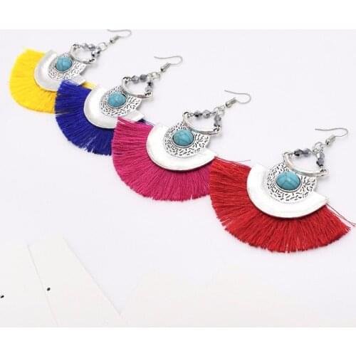 Bohemian Ethnic Handmade Fringes Earrings Blue Stone Fan Shaped Tassel Earrings Long Drop Dangle Earrings Jewelry Wholesale 2021