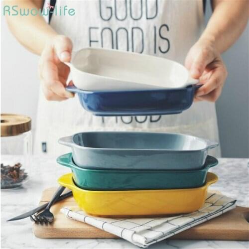 European-Style Glazed Ovenware Baking Dish Double-Eared Rectangular Ceramic Baking Mould Pasta Dishes Pans Baking Tray Kitchen