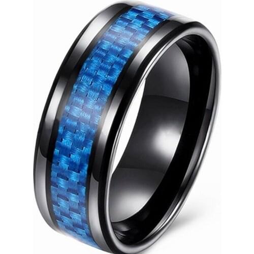 FYJS Unique Black Alloy with Carbon Fibre Round Finger Ring for Anniversary Gift Jewelry