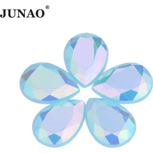 JUNAO 10x14mm 13x18mm Aquamarine AB Acrylic Rhinestones Gems Decoration Flat Back Drop Shape Crystal Stones for Wedding Craft