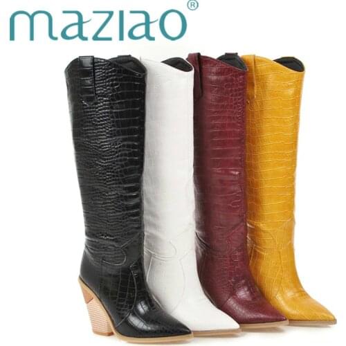 Black Yellow White Knee High Boots Western Cowboy Boots for Women Long Winter Boots Pointed Toe Cowgirl wedges Motorcycle Boots