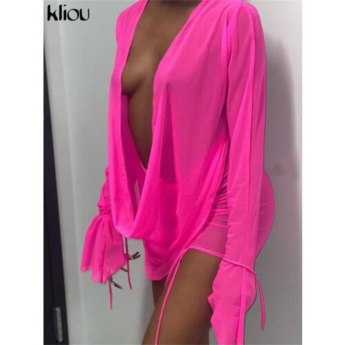 Kliou Sexy Mesh Two Piece Set Women Skirt Hipster See Through Flare Long Sleeve Low V-Neck Top And Bandage Drawstring Outfits