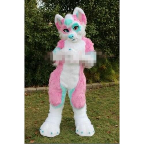 Halloween Pink Blue Long Fur Fox Husky Wolf Fursuit Mascot Costumes Suit Adults Outfits Halloween Performance Party Fancy Dress