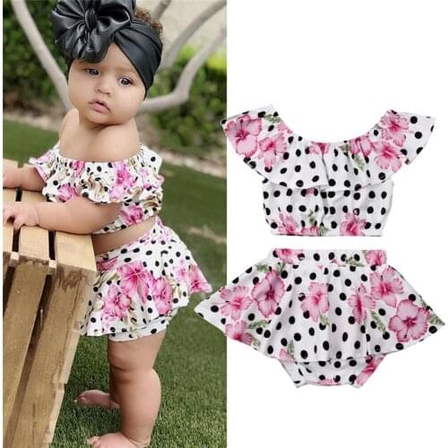 Summer Baby Clothes 2 Piece Set Girl Ruffles Dot Floral Printed Off Shoulder Crop Top Shorts Casual Outfits
