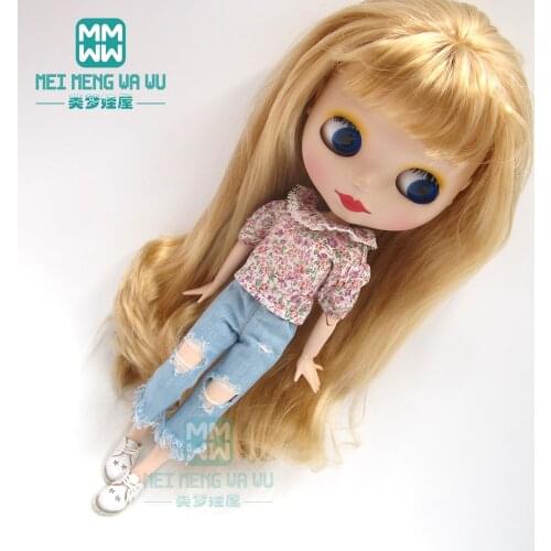 Blyth clothe fashion Lantern Sleeve Shirt, Shredded Jeans, White Leather Shoes for Blyth Azone 1/6 doll accessories
