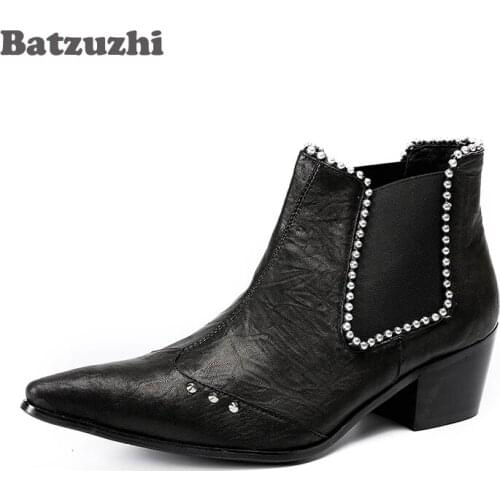 Batzuzhi Fashion Men Boots Ankle Black Leather Boots with Crystals Mens Party Dress Shoes Botas Hombre 6.5cm Heels, US12 EU46