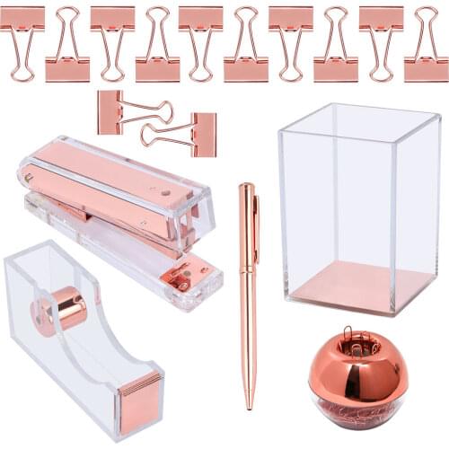 Rose Gold Clear Acrylic Office Supplies Desk Accessories Organizer Set included Stapler Binder Clips Stapler Tape Dispenser