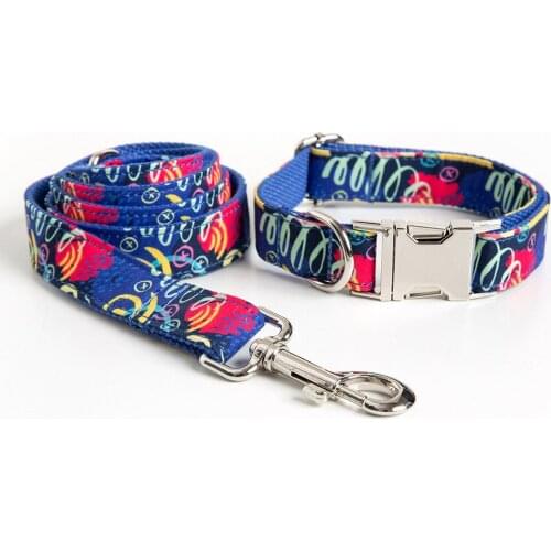 Dog Collar and Leash Set with Bow Tie Pretty Tropical Leaves Metal Buckle Big and Small Dog&Cat Collar Pet Accessories