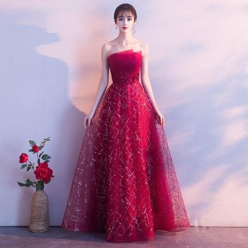 Oversize 2XL Women Improved Strapless Dress Chinese Classic Lace Up Ball Gown Asian Bride Toast Clothing Elegant Dress
