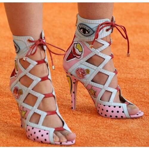 2017 Newest Polka Dots Women Lace Up Ankle Boot Mixed Colors Badge Ladies Peep Toe High Heel Boots Hot Club Shoes Stiletto Boots