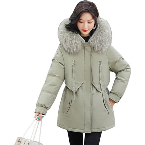 Parkas Womens Winter Cotton Puffy Jacket 2021 New Plus Velvet Warm Short Black Coat Women Large Size Fur Collar Hoodies Outwear