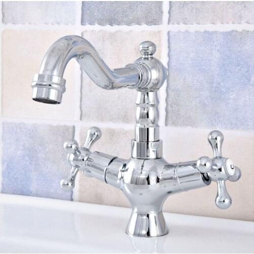 Polished Chrome Brass Bathroom Kitchen Basin Sink Faucet Mixer Tap Swivel Spout Dual Cross Handles One Hole Deck Mounted msf662