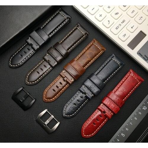 Top quality 22mm 24mm 26mm shiny Vintage real cow leather watch band bracelet watchband For Panerai strap Man buckle logo tool