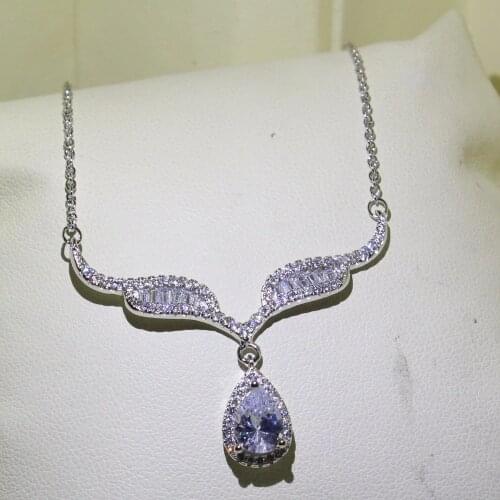 Sparkling Luxury Jewelry 925 Sterling Silver Angle Wing Pendant Drop Water 5A Cubic Zirconia Lucky Women Clavicle Necklace gift