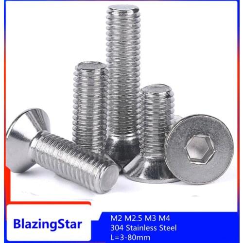 M2 M2.5 M3 M4 304 Stainless Steel Hexagon Screw Flat Head Countersunk Head Screw For Furniture hexagon Flat Head Hexagon Screw