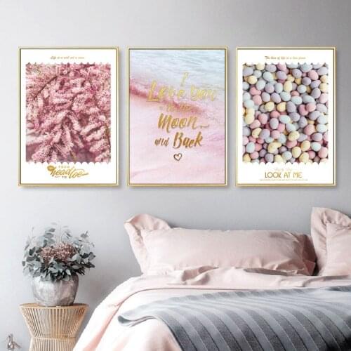 Nordic Pink Feather Seascape Wall Art Canvas Paintings Golden Quotes Wall Art Prints and Posters Living Room Home Decor