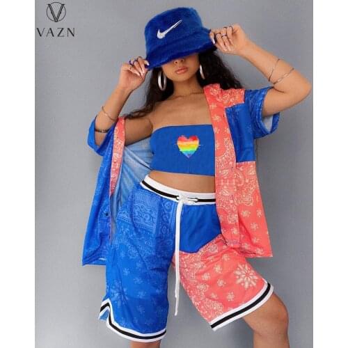 VAZN 2021 New Classic Cartoon Print Open Bikini Shinny Set Top Short Pant Sexy Young High Waist Skinny Women 2 Piece Set