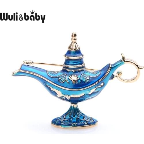 Wuli&baby Red Blue Enamel Aladdin Magic Lamp Light Brooches Women Men 2019 New Fashion Weddings Party Brooch Pins Gifts
