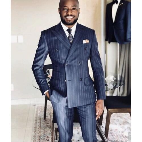 YiMinpwp Navy Pinstripe Men Suits Peaked Lapel Double Breasted Formal Business Suit Blazer Jacket Men Tuxedos Groom Wedding Suit