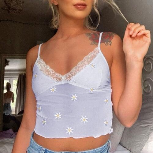 Y2K White Milkmaid Crop Top Sexy Floral Printed Lace Patchwork Backless Spaghetti Strap Cami Top Women Summer Sleeveless Vest