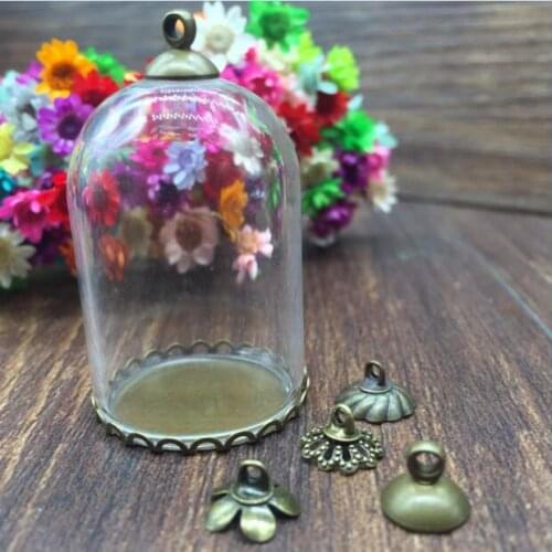 5sets/lot 38*25mm tube glass globe bronze color serrated base with 8mm cap glass vial pendant fashion glass pendant glass dome