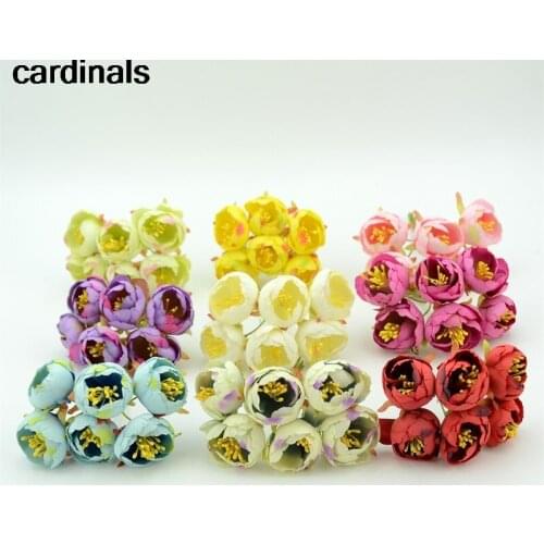 6pcs Mini Cloth Roses Tea Bags Stamen Silk Artificial Flowers For Wedding Decoration DIY Scrapbooking Gift Box Accessories