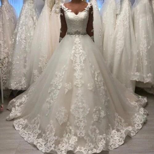 ANGELSBRIDEP V-Neck Tulle Ball Gown Wedding Dress Robe De Mariee Fashion Long Sleeves Applique Rash Crystals Formal Bride Dress