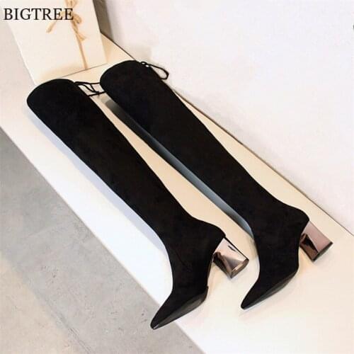 BIGTREE Autumn Show Thin Solid Black Womens Over the Knee Boots Sexy Pointed Toe High Heels Boots Fashion Women Long Boots 7cm