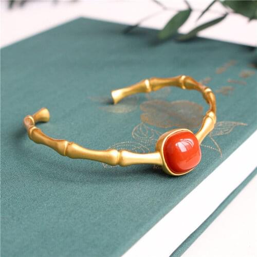 S925 Sterling Silver round South Red Bamboo Bracelet Natural South Red Agate Bracelet Vintage Stylish and Personalized Bracelet