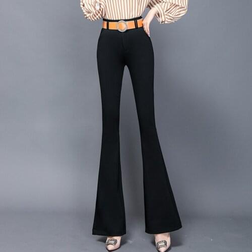 Elegant Black Bell Bottom Female Elastic High Waist Length Pant Womens Trousers Slim Soft Office Lady Flare Pants Give Belt