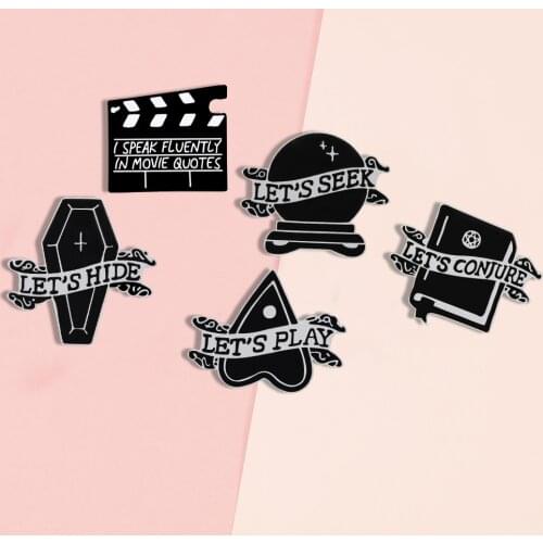 Black Enamel Pins Coffin Film Clapperboard Witch Book Magic Badge Gothic Brooches Dark Jewelry Best Friends Gifts for Women Men