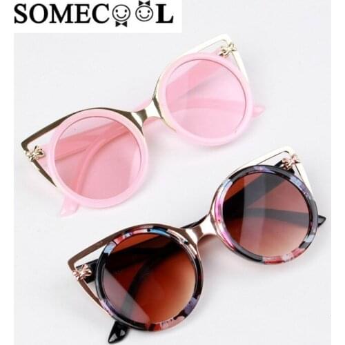 3-10 years kids sunglasses Cat eye Metal Frame Round lens Cute glasses High Quality UV400 eyewear Cute Bow Girls oculos de sol