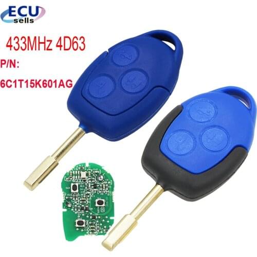 Remote Car Key 433MHz 4D63 Chip FOB 3 Buttons FO21 Blade for Ford Transit WM VM 2006-2014 P/N: 6C1T15K601AG - Black or Blue Head