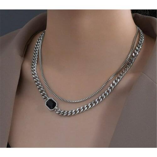 316L Stainless Steel New Double Layered Necklace Couple Style Black Crystal Street Hip Hop Titanium Steel Necklace No Fade