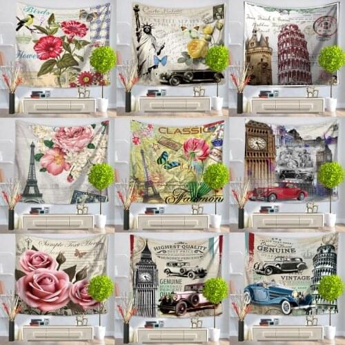 Europe Romantic City Paris Tower Pattern Rose Flower Tapestry Wall Hanging for Home Decorative Wall Cloth Carpet