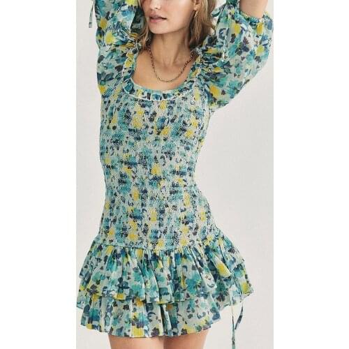 GypsyLady Floral Printed Mini Dress Summer Holiday Beach Women Dress Casual Chic Puff Sleeve Elastic Ruffles Ladies Female Dress