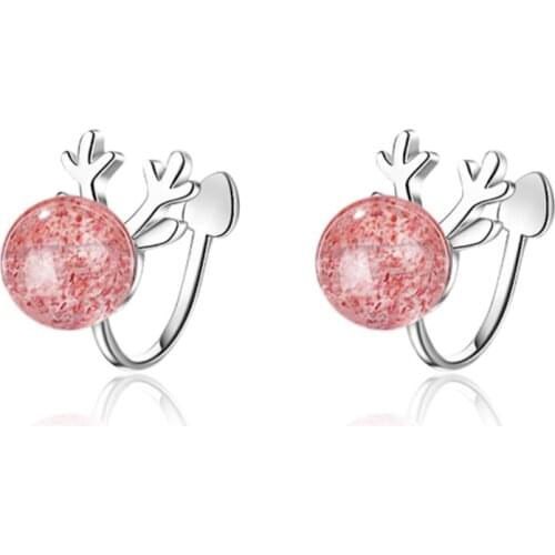 Korean style personality fashion exquisite cute wild elk antlers pink strawberry crystal silver plated ear clips IU002