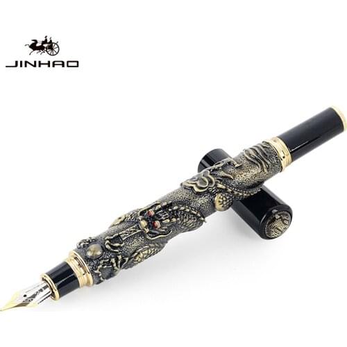 Jinhao Noble Brand Bronze Dragon Business Gift Fountain Pen 0.5mm Fine Nib Metal Gold Writing Ink Pens School Office Stationery