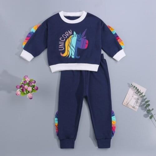 2Pcs Little Girls Outfit, Spring Autumn Sweet Style Cartoon Pony Embroidery Long Sleeve Round Collar Hoodie + Lace Trousers Set