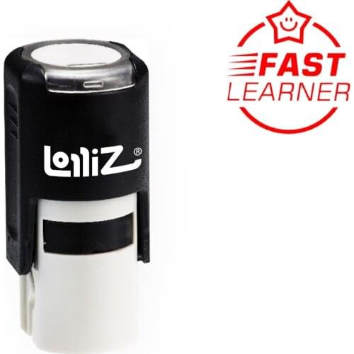 LolliZ Round Self-Inking Stamp, "FAST LEARNER" Text W/Star Image, Teacher Stamp W/Lid, Laser Engraved Rubber, RED