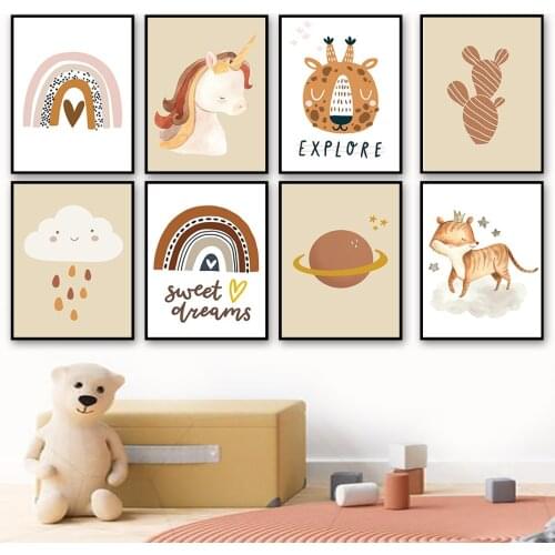 Horse Cat Heart Planet Cactus Rainbow Wall Art Canvas Painting Nordic Posters And Prints Cartoon Wall Pictures Kids Room Decor