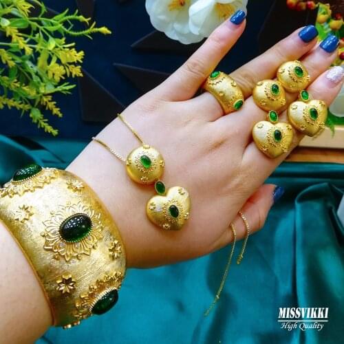 Missvikki Luxury DUBAI Heart Drop Necklace Wide Bangle Earrings Ring Jewelry Sets For Women Wedding High Quality New Noble Style