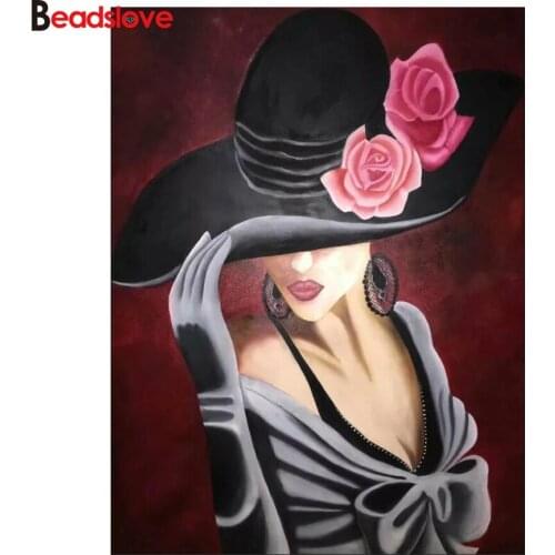 New Diy diamond painting kit 5D handmake decorative painting cross stitch embroidery beadwork Woman Wearing Hat black white art