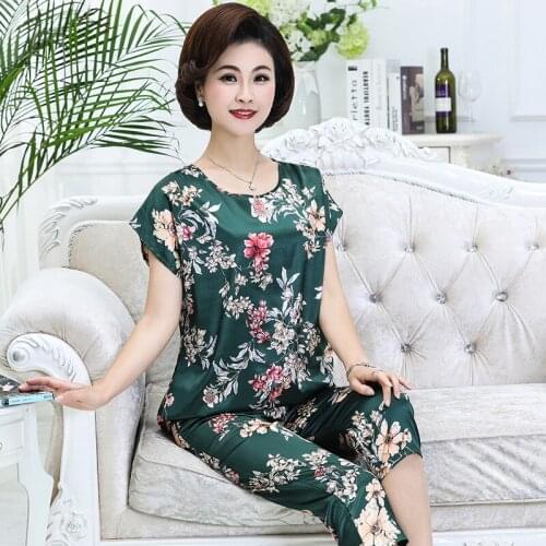 New Mom Pajamas Spring And Summer Short-Sleeved Silk Suit Middle-Aged And Elderly Large Size Loose Ice Silk Home Service L-5XL