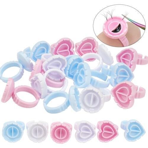 100 Pcs Disposable Heart-Shaped Glue Ring Eyelashes Extension Tattoo Pigment Pallet Nail Art Adhesibve Holder Makeup Tool Kit