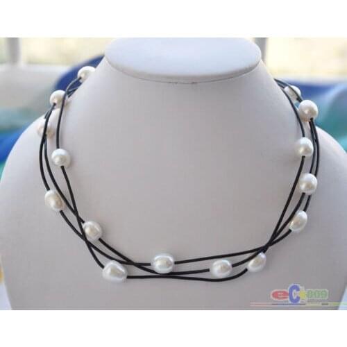 Wholesale 3row 18" 14mm white rice pearl black leather necklace