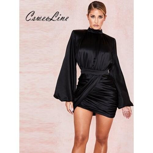 Pleated Satin Party Mini Short Bodycon Dress Women Bandage Sexy Dress Chic puff sleeve Robe Femme autumn office ladies dresses