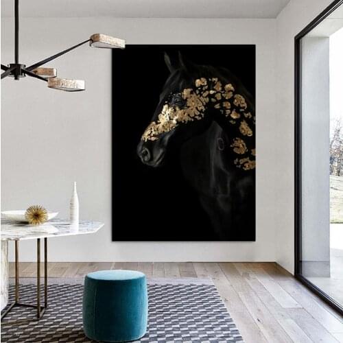 Poster Black Gold Abstract Horse Head Oil Painting Light Luxury Animal Print Canvas Painting Wall Art Prints Living Room Picture